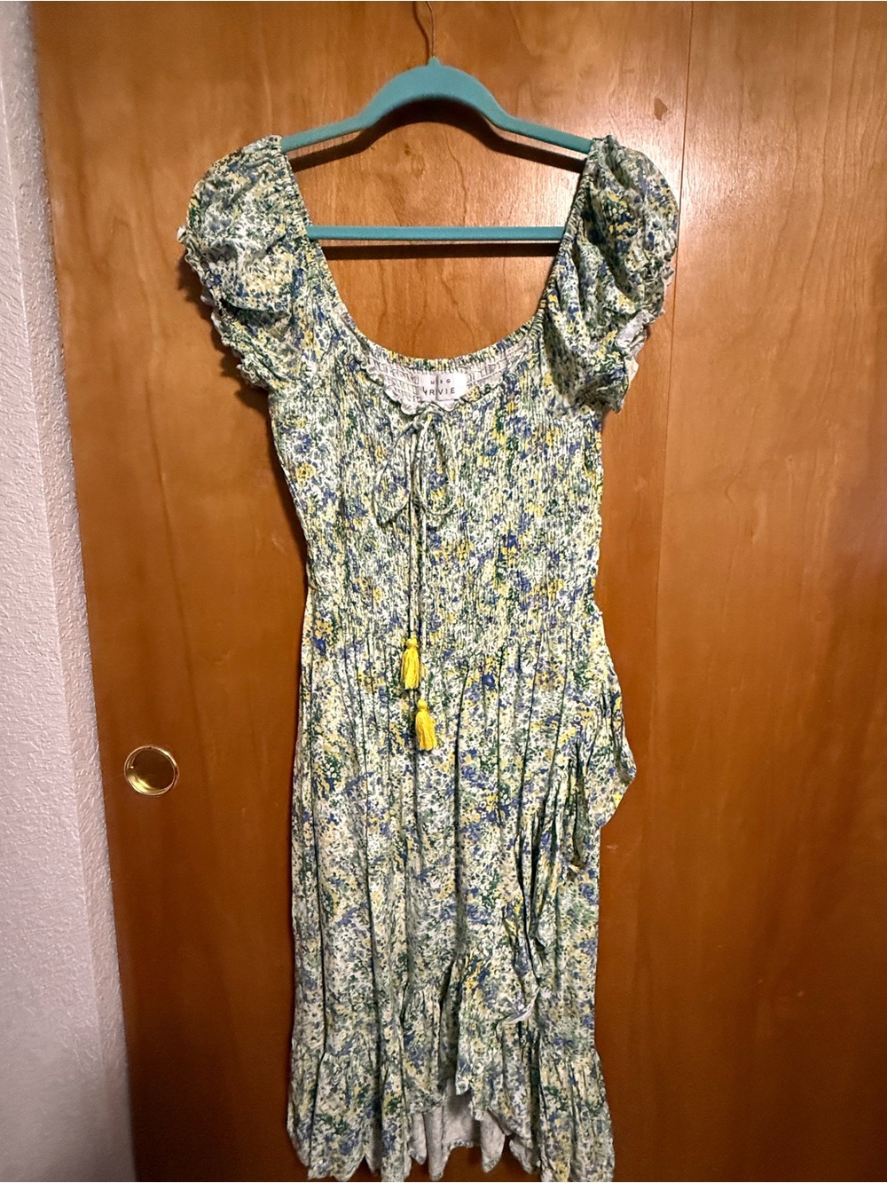 Margaux Green Floral Smocked Midi Dress with Yellow Tassels